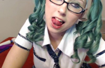 XFuukaX in Schoolgirl Cosplay with Green Curly Pigtails